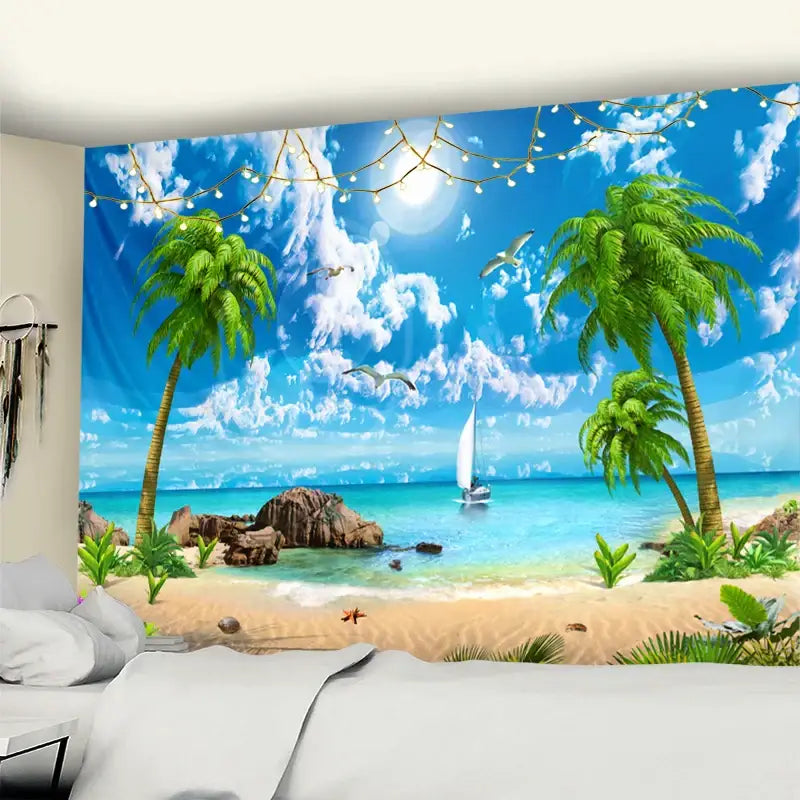 Bohemian beach coconut tree mandala tapestry with vibrant blue sky green palm trees and turquoise water wall hanging