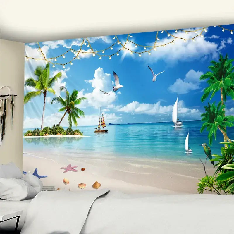 Bohemian beach coconut tree mandala tapestry features vibrant turquoise water white sand palm trees for bedroom wall hanging