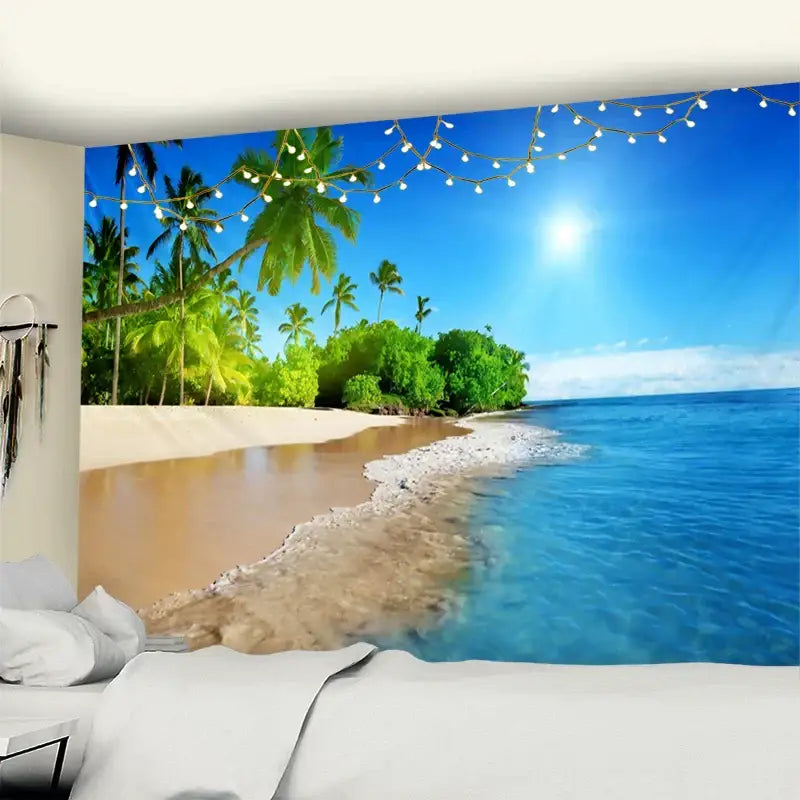 Bohemian beach coconut tree mandala tapestry featuring turquoise ocean, sandy shore, and string lights for bedroom decor