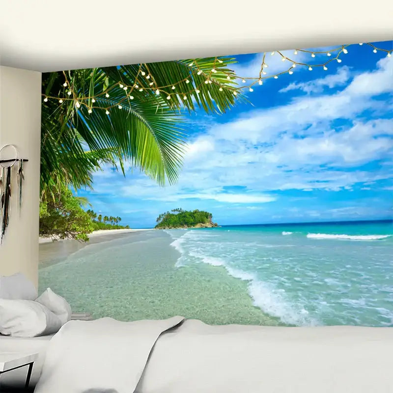 Bohemian beach coconut tree mandala tapestry with vibrant turquoise water, green palm fronds, and bright blue sky