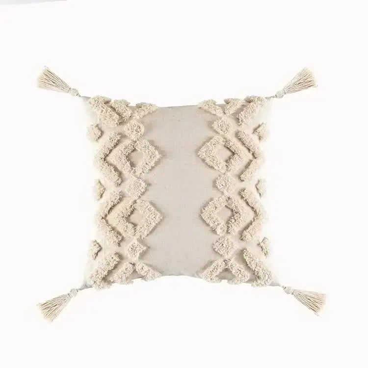 Beige bohemian tufted cushion cover with textured diamond pattern and tassels for living room decorbites bohemian tufted pillow