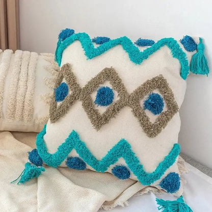 Cream-colored bohemian tufted cushion cover with turquoise beige geometric patterns and fluffy tassels for living room decorbites bohemian tufted tassel pillow