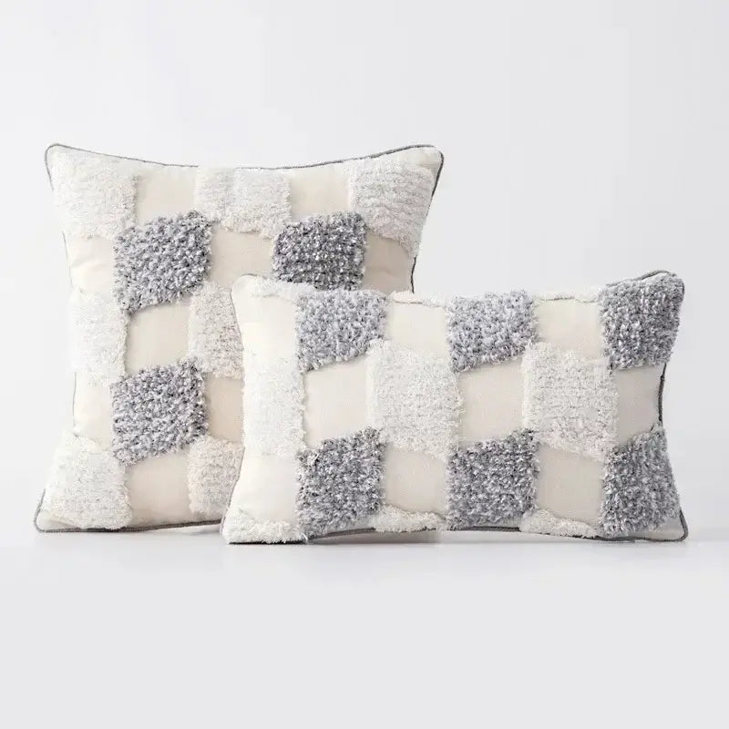 Cream and gray textured patchwork cushion cover with decorbites bohemian tufted tassel design for living room decor