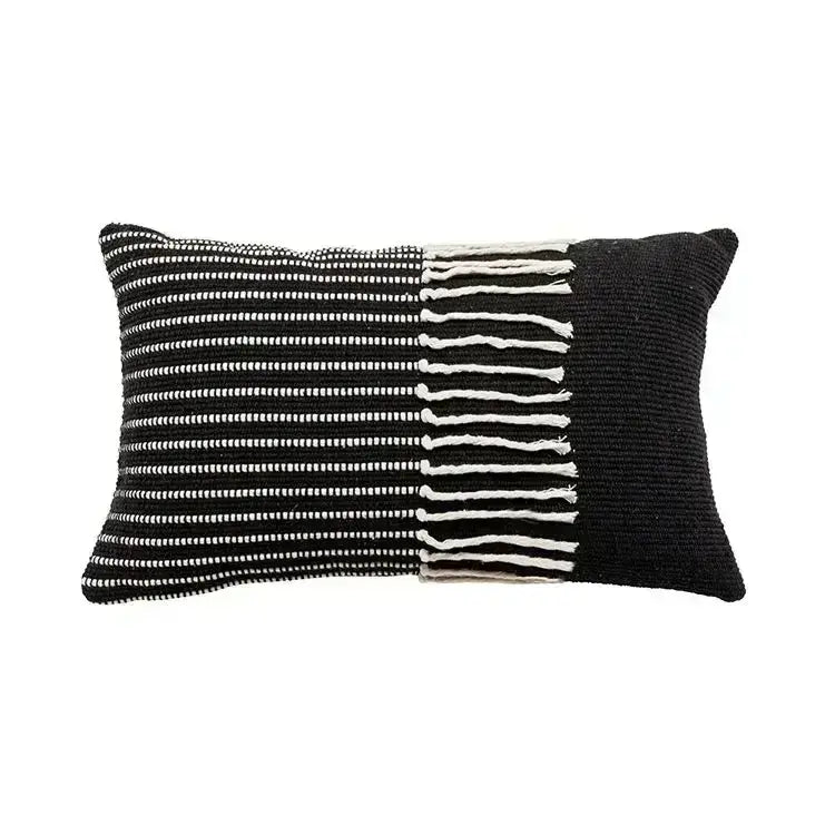 Bohemian beige and brown tufted cushion cover with black and white woven knit texture and bohemian tufted tassel edges