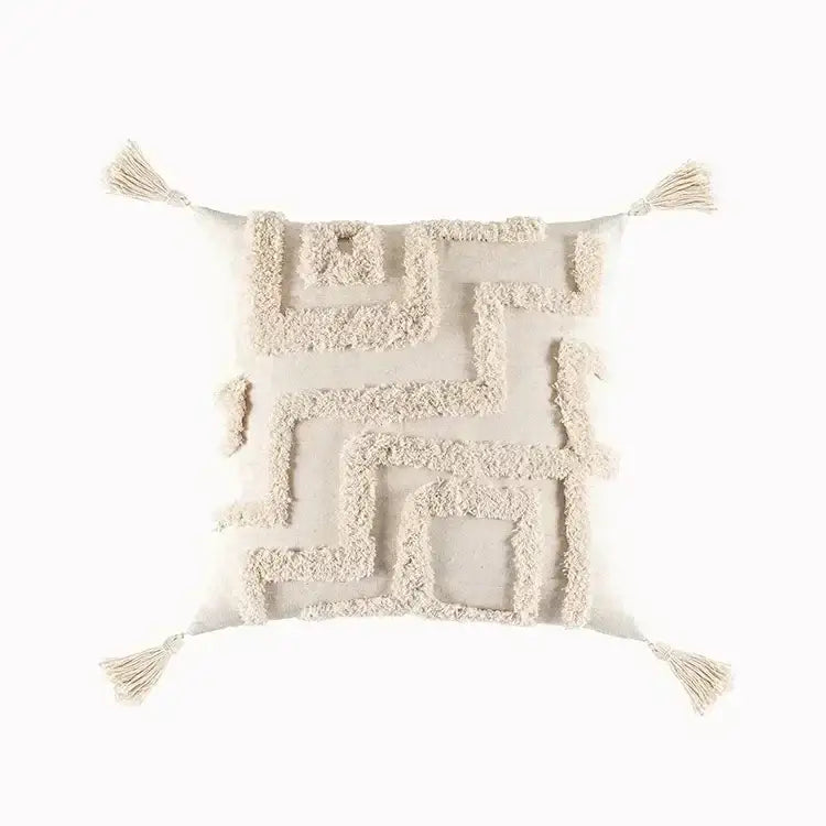 Cream-colored bohemian tufted tassel cushion cover with textured geometric pattern for living room decorbites bohemian tufted