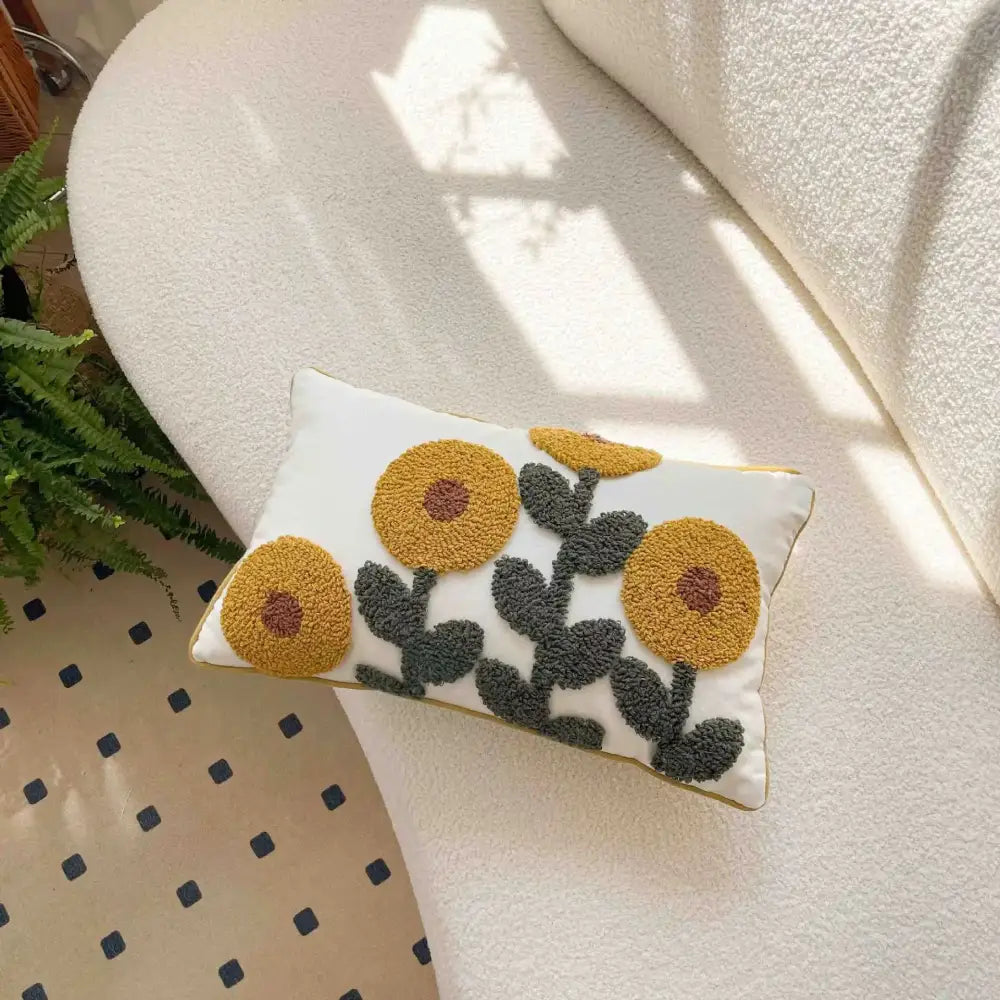 Rectangular white bohemian tufted cushion cover with mustard-yellow flowers and dark green leaves for living room decorbites bohemian tufted tassel pillow