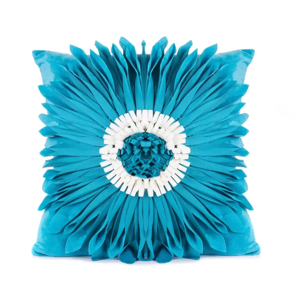 Vibrant turquoise velvet cushion cover with three-dimensional floral design and white accent for decorbites bohemian tufted style