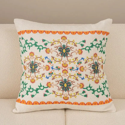 Bohemian beige and brown tufted cushion cover with embroidered floral and vine decorbites bohemian tufted design