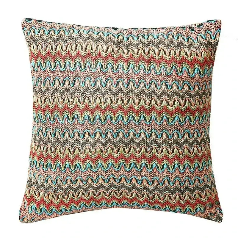 Bohemian beige and brown tufted cushion cover with multicolored zigzag pattern for living room decorbites bohemian tufted tassel