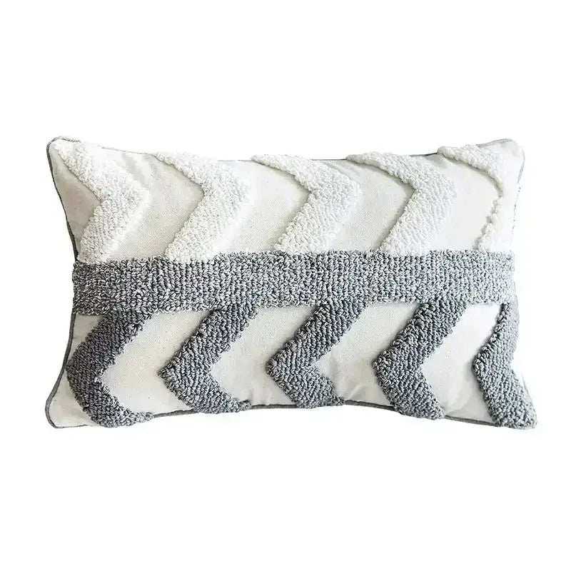 Rectangular bohemian tufted cushion cover in cream with gray chevron patterns made of plush looped yarn for living room decorbites decor