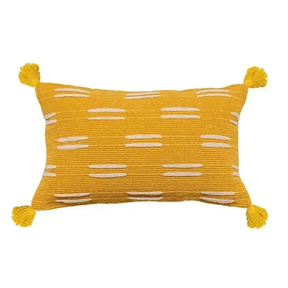 Vibrant yellow rectangular cushion cover with white stripes and bohemian tufted tassel accents for living room decorbites decor