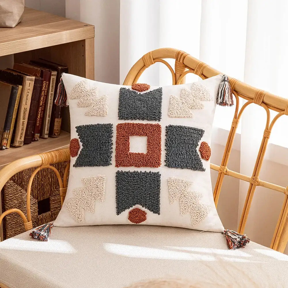 Bohemian beige and brown tufted cushion cover with geometric pattern and bohemian tufted tassel decorbites pillow