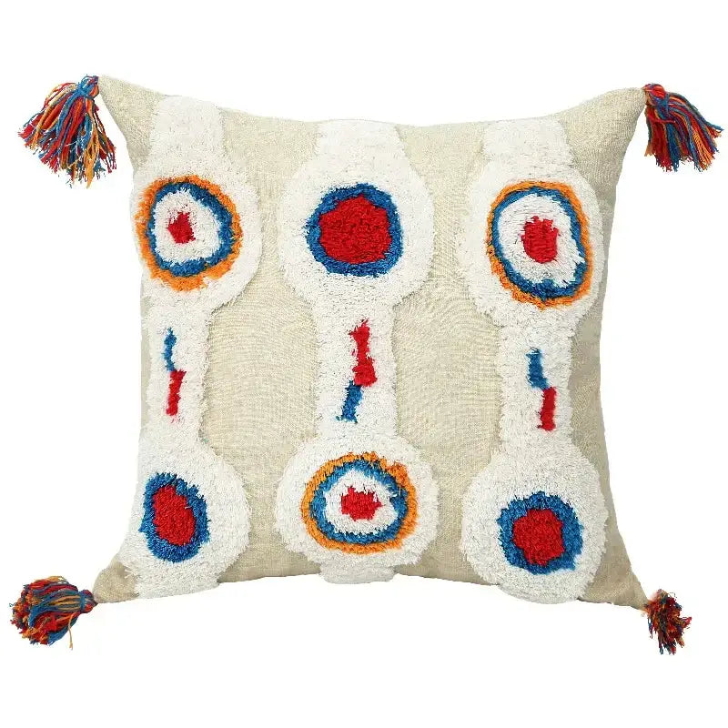 Beige and brown bohemian tufted cushion cover with colorful embroidered patterns and bohemian tufted tassel decorbites pillow