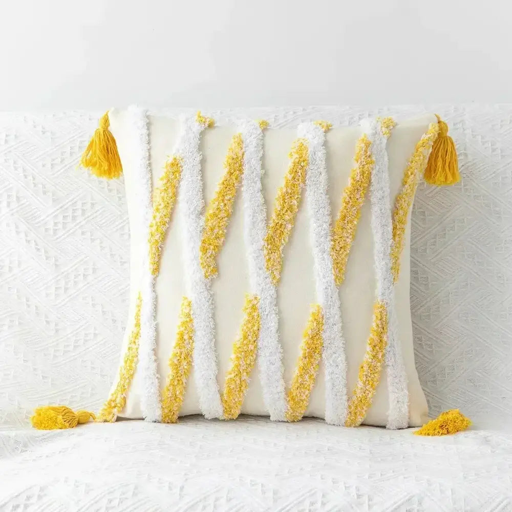 Cream-colored bohemian tufted cushion cover with white and mustard yarn stripes and tassels for living room decorbites bohemian tufted tassel