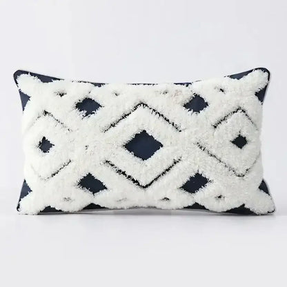 Rectangular bohemian tufted cushion cover with black and white geometric pattern and fluffy tufts for living room decorbites pillow