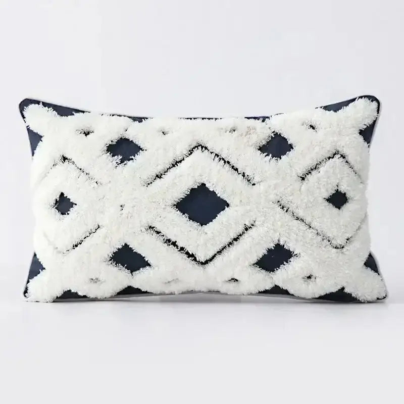 Rectangular bohemian tufted cushion cover with black and white geometric pattern and fluffy tufts for living room decorbites pillow
