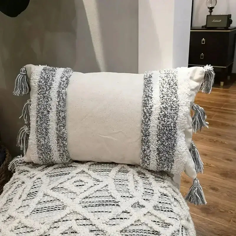 Bohemian beige and brown tufted cushion cover with textured gray white woven stripes and tassels for living room decorbites bohemian tufted tassel