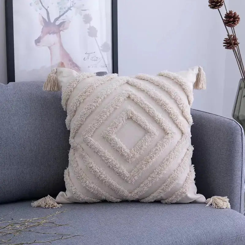 Beige decorbites bohemian tufted cushion cover with diamond fringe pattern and tassels for living room decor