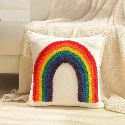 Cozy white cushion cover with vibrant textured rainbow design in classic colors for decorbites bohemian tufted living room decor
