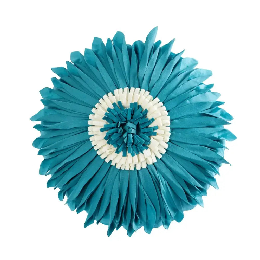 Bohemian beige and brown tufted cushion cover with teal and white fabric flower wall decor featuring layered fringed petals decorbites bohemian tufted