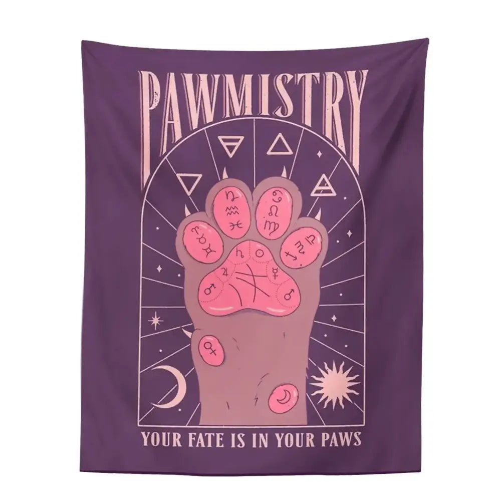 Bohemian beige and pink cat paws tarot tapestry with purple pawmistry design and zodiac symbols for decorbites cat paws decor