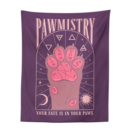 Bohemian beige and pink cat paws tarot tapestry with purple pawmistry design and zodiac symbols for decorbites cat paws decor