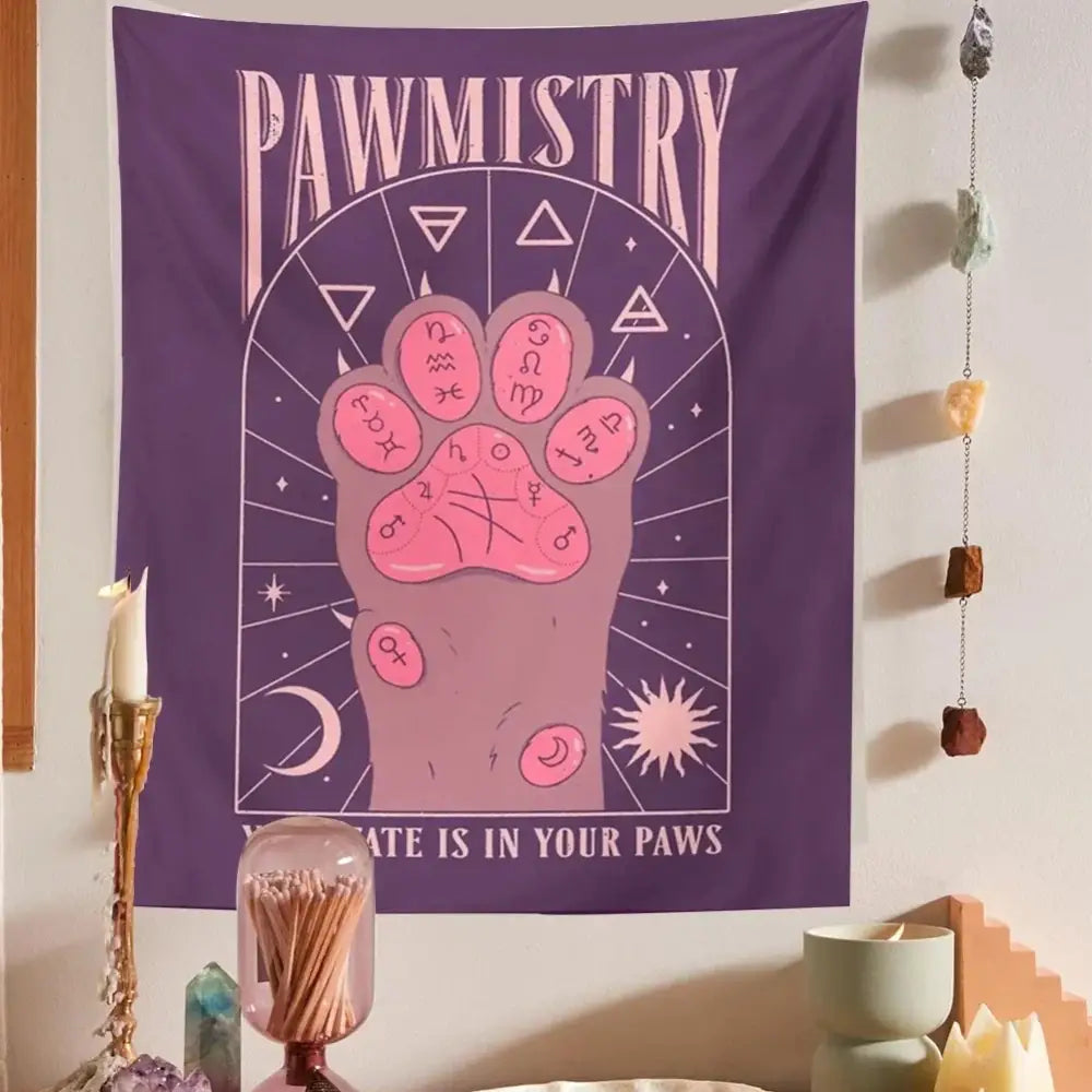 Purple pawmistry tapestry with pink paw print astrological symbols and your fate is in your paws lettering decorbites cat paws