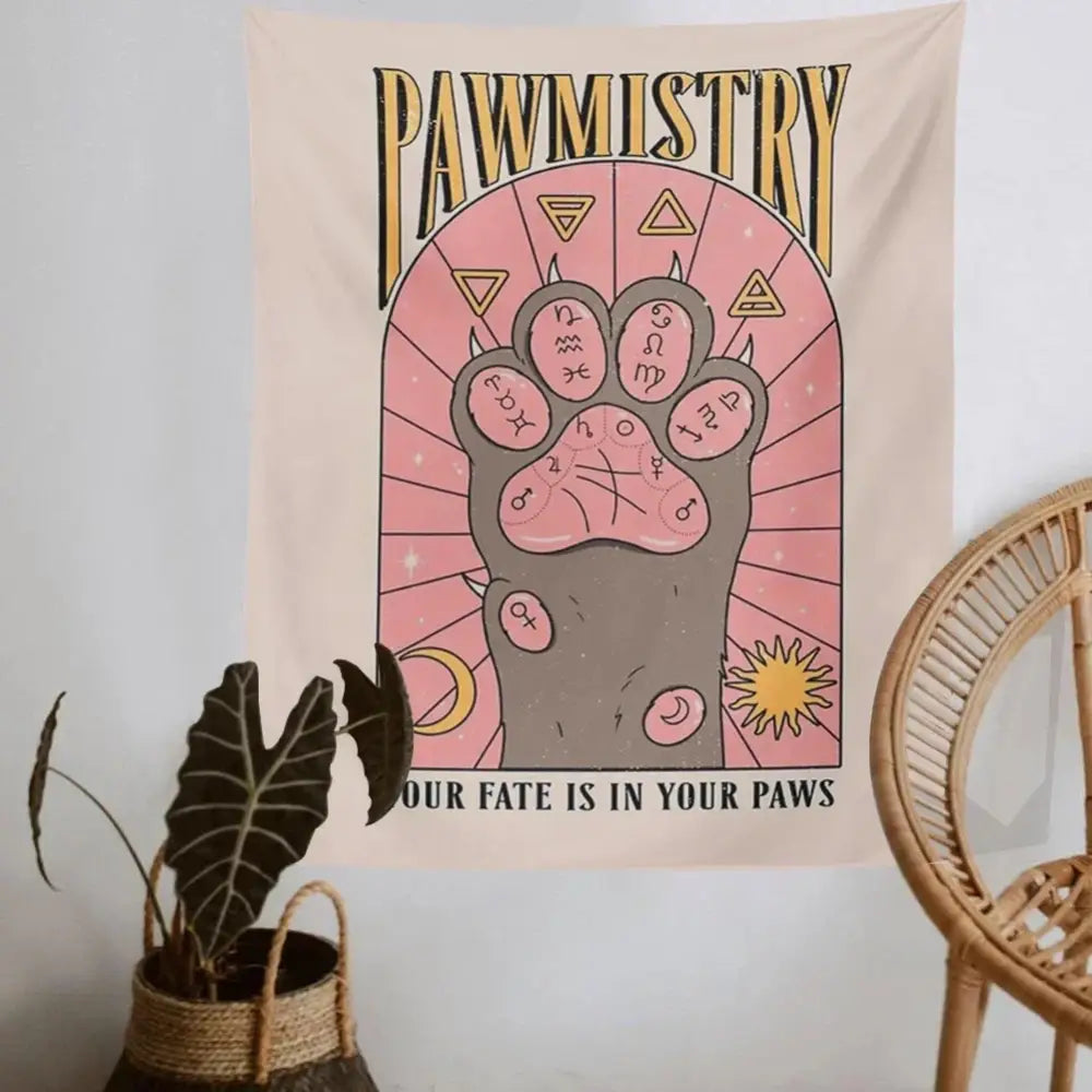 Beige bohemian cat paws tarot tapestry with gray paw print and pink pads framed by pink and gold for bedroom decorbites cat paws