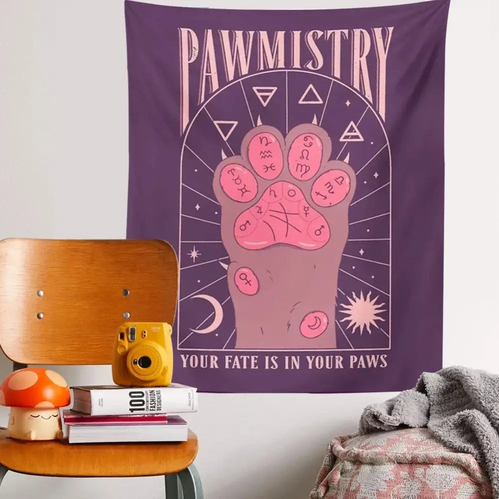 Purple pawmistry tapestry with pink paw print and astrological symbols for decorbites cat paws tarot wall decor