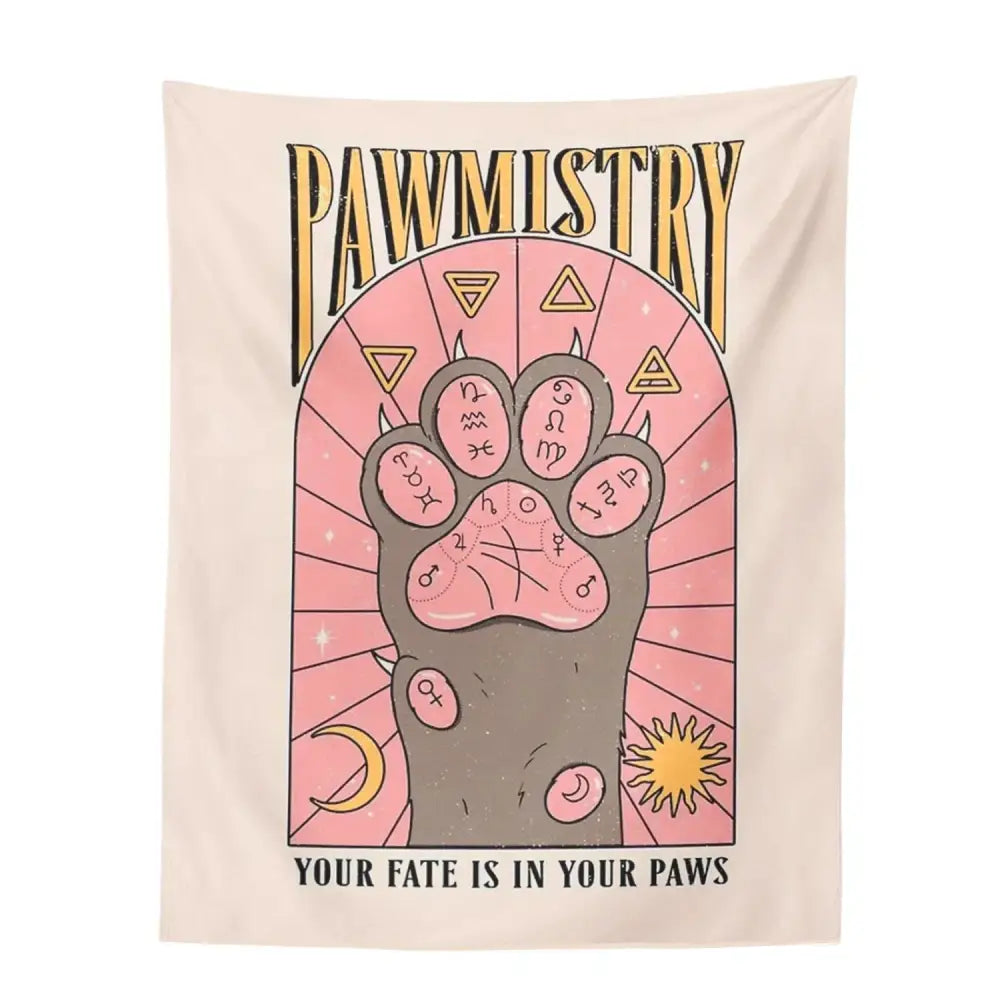 Beige wall tapestry with stylized gray and pink cat paws and gold lettering for decorbites cat paws tarot decor