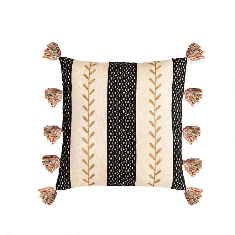 Cream and black striped cushion cover with gold embroidered leaf patterns and multicolored tassels bohemian cotton embroidery decorbites