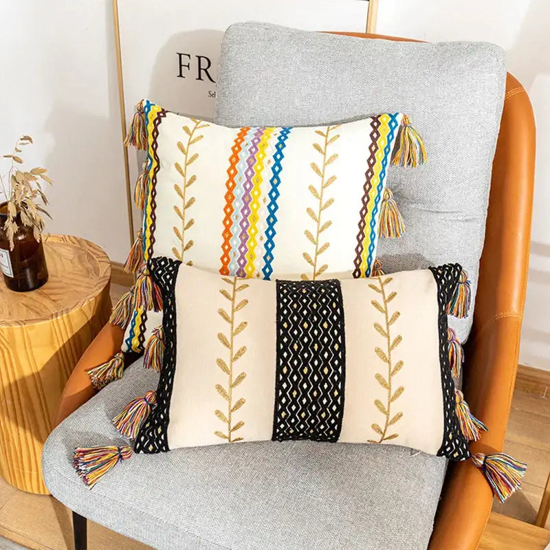 Two bohemian cotton embroidery cushion covers in beige and black with tassels for living room decorbites decor