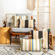Beige and black bohemian cotton embroidery cushion cover with colorful stripes gold leaf patterns and tassels decorbites decor