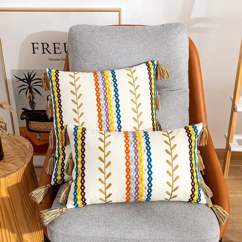 Two rectangular cushion covers with bohemian cotton embroidery cream fabric colorful stripes and tassels for living room decorbites bohemian cotton embroidery