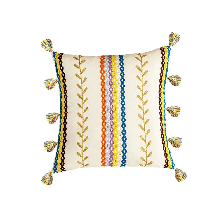 Cream-colored bohemian cotton embroidery cushion cover with colorful vertical stripes and tassels for living room decorbites decor