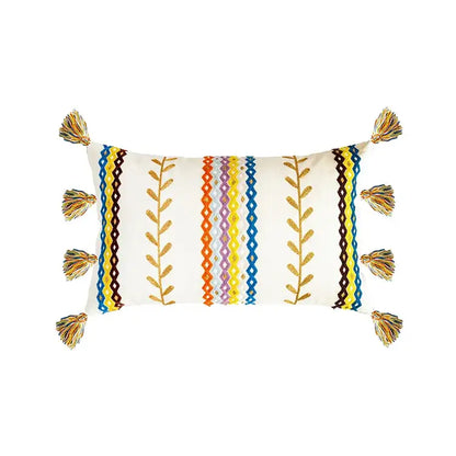 Cream-colored rectangular cushion cover with colorful embroidery and tassels decorbites bohemian cotton embroidery design