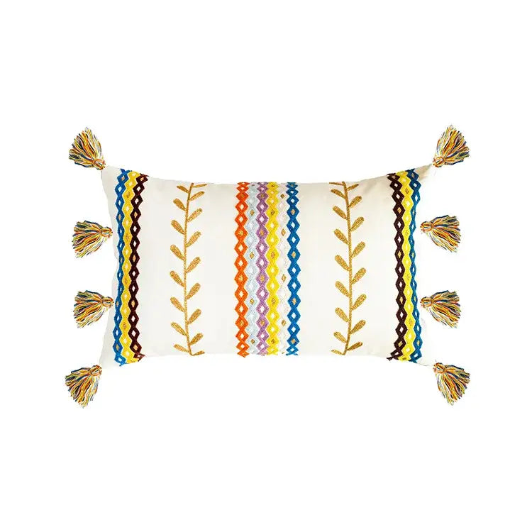 Cream-colored rectangular cushion cover with colorful embroidery and tassels decorbites bohemian cotton embroidery design