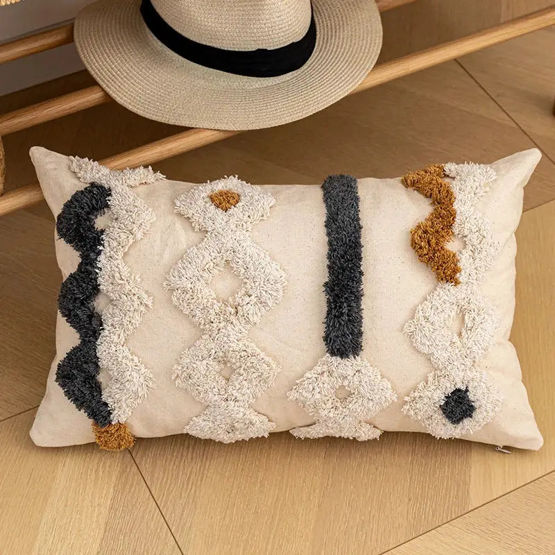 Beige rectangular cushion cover with chunky cream dark gray and mustard yarn appliqués for home decor by decorbites bohemian beige