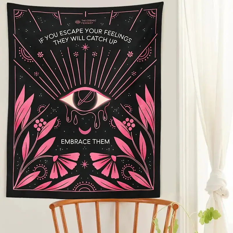 Bohemian black and pink botanical eye tapestry wall hanging with vibrant cosmic design and inspirational text by cosmic feminist
