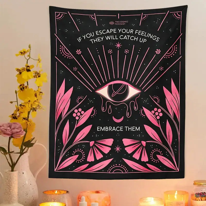 Bohemian black and pink botanical eye tapestry bedroom wall hanging with vibrant cosmic floral design and inspirational text decorbites botanical eye
