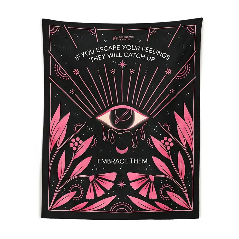 Bohemian black and pink botanical eye tapestry bedroom wall hanging featuring a central eye motif with leaves stars decorbites botanical eye