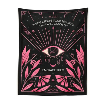 Bohemian black and pink decorbites botanical eye tapestry wall hanging with celestial and botanical designs for bedroom decor