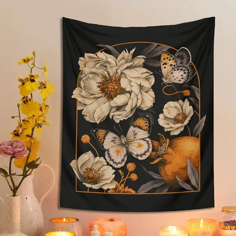 Bohemian black butterfly flower tapestry wall hanging featuring intricate white flowers, orange butterflies, and gold arch decorbites butterfly flower