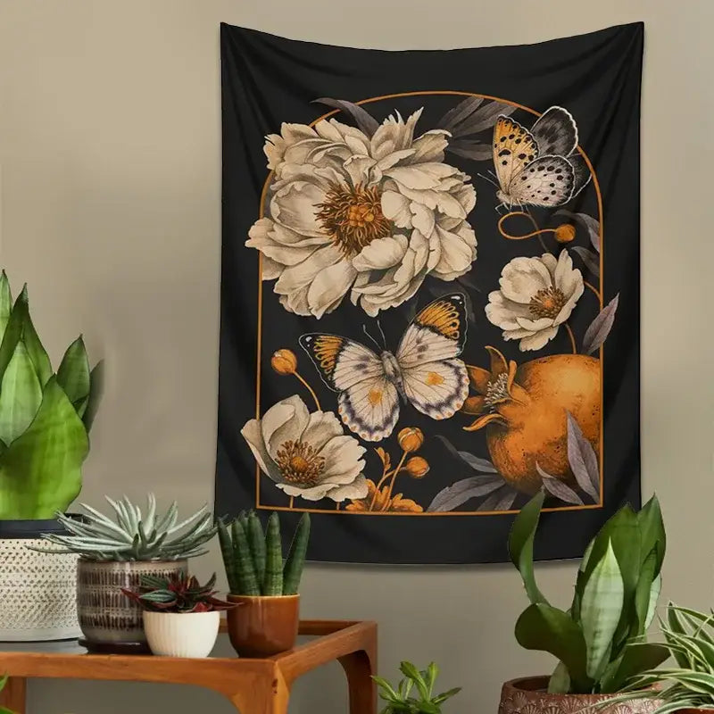 Bohemian black butterfly flower tapestry features cream and gold floral and pomegranate design for wall decorbites butterfly flower decor