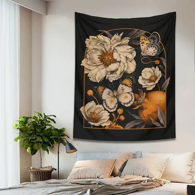 Black bohemian butterfly flower tapestry wall hanging with cream peonies butterflies and pomegranate decorbites butterfly flower