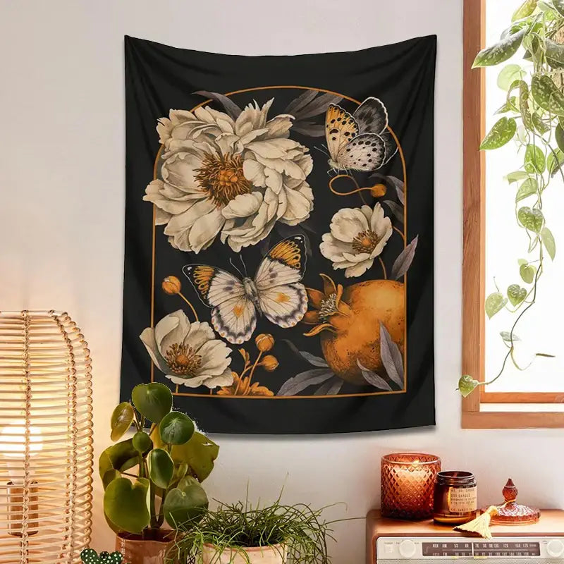 Bohemian black butterfly flower tapestry wall hanging featuring cream peonies butterflies and pomegranate decorbites butterfly flower