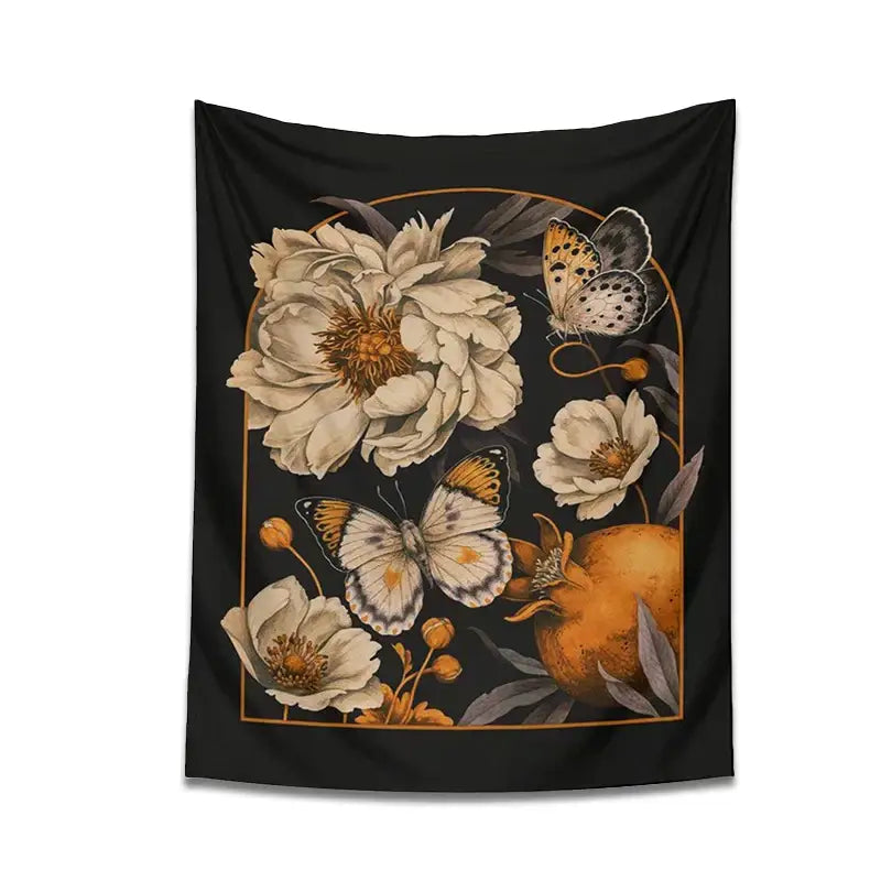 Black wall tapestry featuring cream peonies, butterflies, and pomegranate with gold frame for butterfly flower tapestry decorbites decor