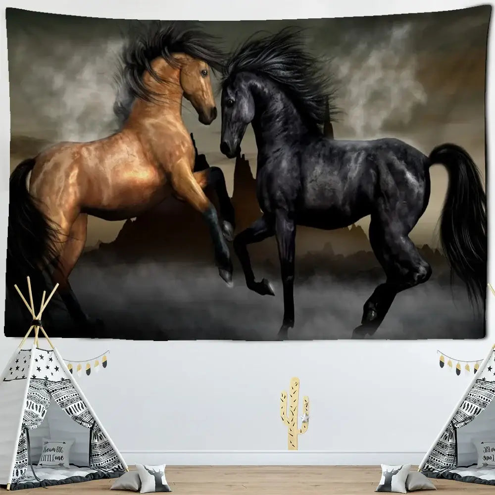 Bohemian black and gold galloping horse tapestry wall art featuring a dynamic decorbites galloping horse scene