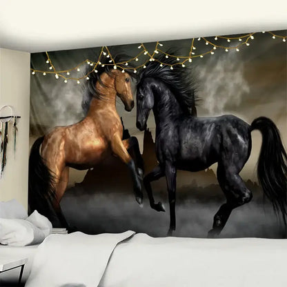 Bohemian black and gold galloping horse tapestry wall art featuring two horses with string lights decorbites galloping horse