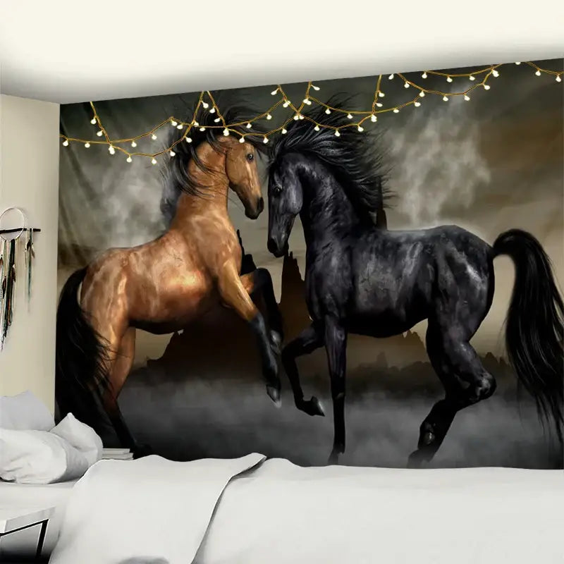 Bohemian black and gold galloping horse tapestry wall art featuring two horses with string lights decorbites galloping horse